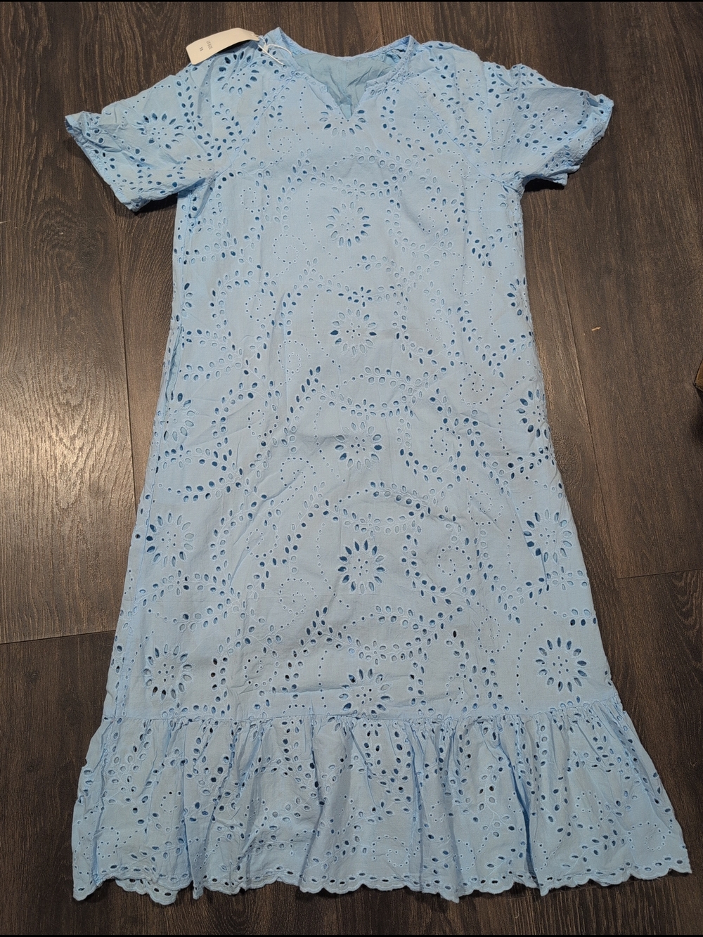 Women's Blue Eyelet Lace Short Sleeve Midi w/ Ruffle Hem Floral Cotton NWT XS